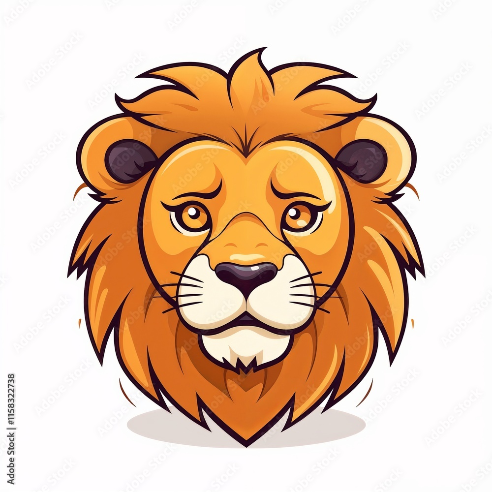 Lion face with big orange mane and sad expression isolated on white background.Illustration for children's books, animal tales, character designs.Noble sadness. The gentle heart of the king of the jun