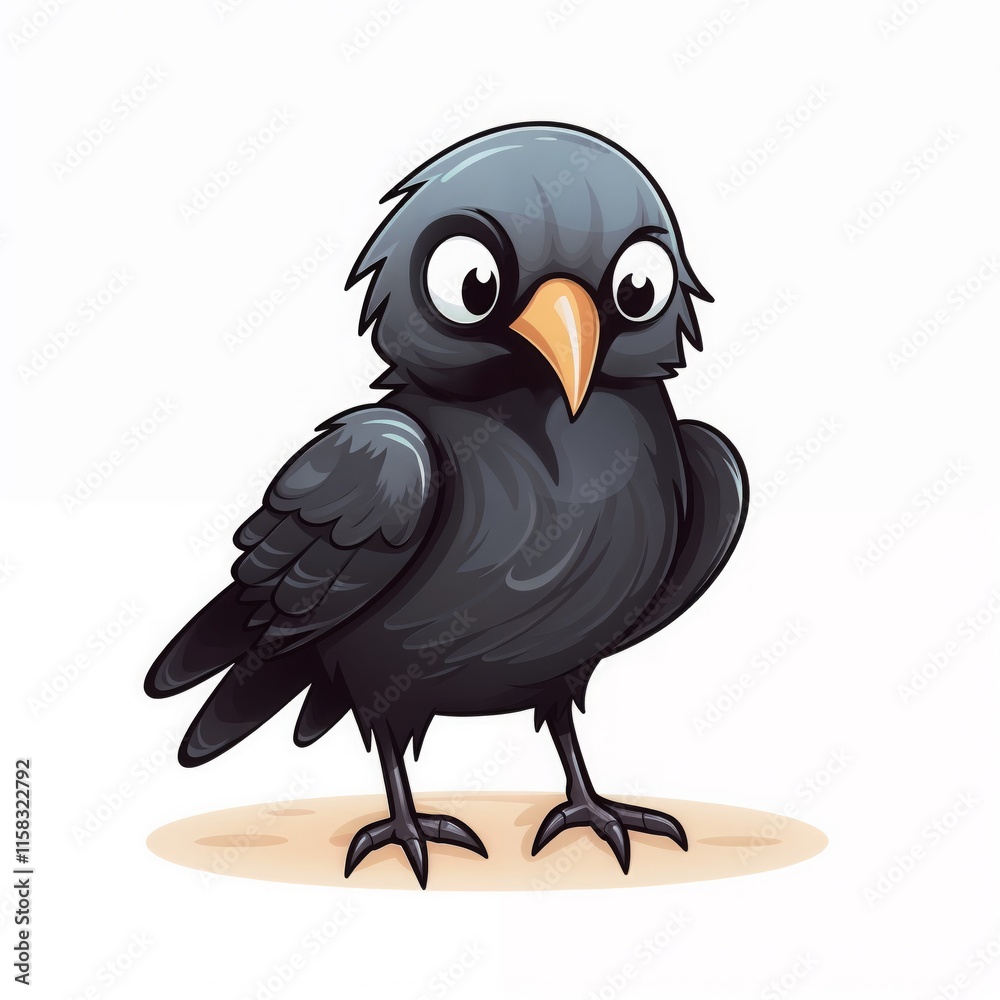 Obraz premium Crow-like bird with black feathers and white eyes isolated on white background.Bird illustration. Animal tales, children’s books, mystery themes.Mystery. Wisdom. The silent observer of nature.