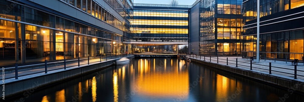 Illuminated modern buildings reflected in a calm canal at night. Illuminated modern buildings reflected in a calm canal at night.