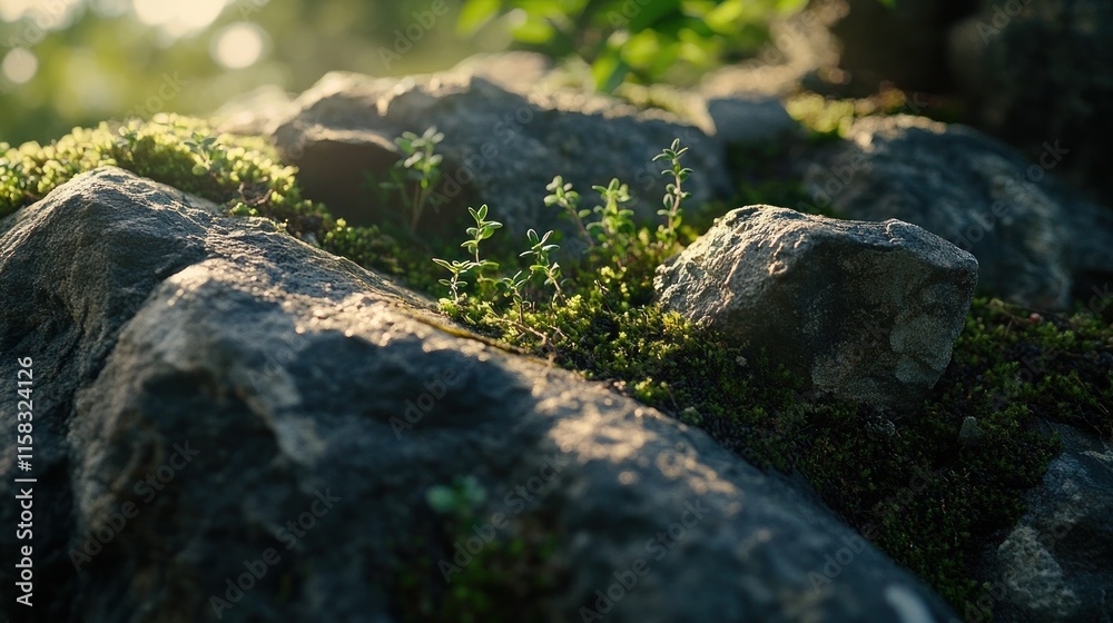 Sunlight illuminating moss and tiny plants growing on rough grey rocks. Sunlight illuminating moss and tiny plants growing on rough grey rocks.