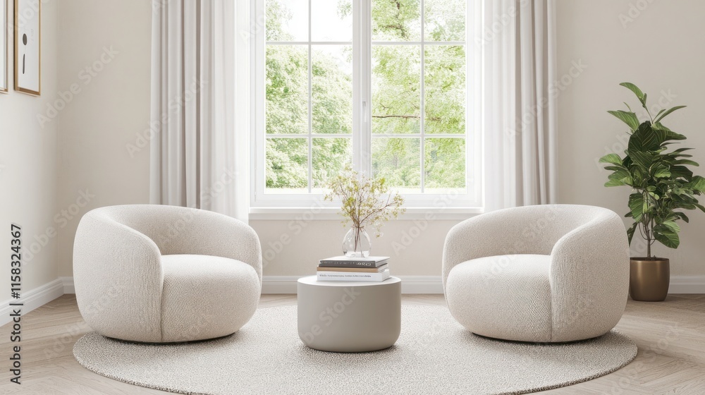 Fototapeta premium Two cream armchairs face each other across a round coffee table in a bright living room with large window and plant.