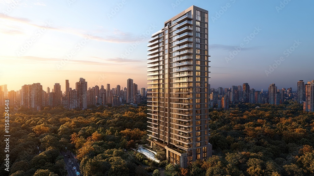 Fototapeta premium Modern skyscraper surrounded by lush greenery at sunset.
