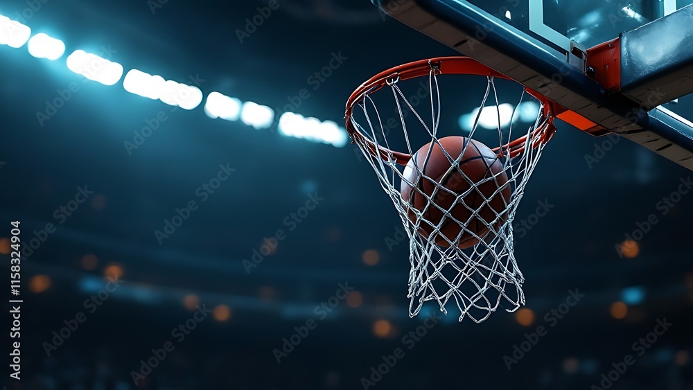 Scoring during a basketball game ball in hoop Scoring during a basketball game ball in hoop