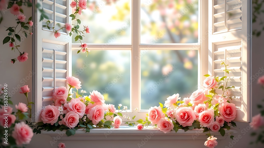 Fototapeta premium Maternity backdrop, wedding backdrop, photography background with delicate flowers and vintage white wall and windows.