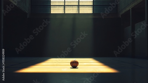 Focused spotlight revealing a basketball placed on an empty darkened sports court photo