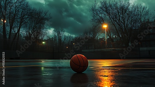 A basketball lying on a court with dramatic lighting creating sharp contrasts photo