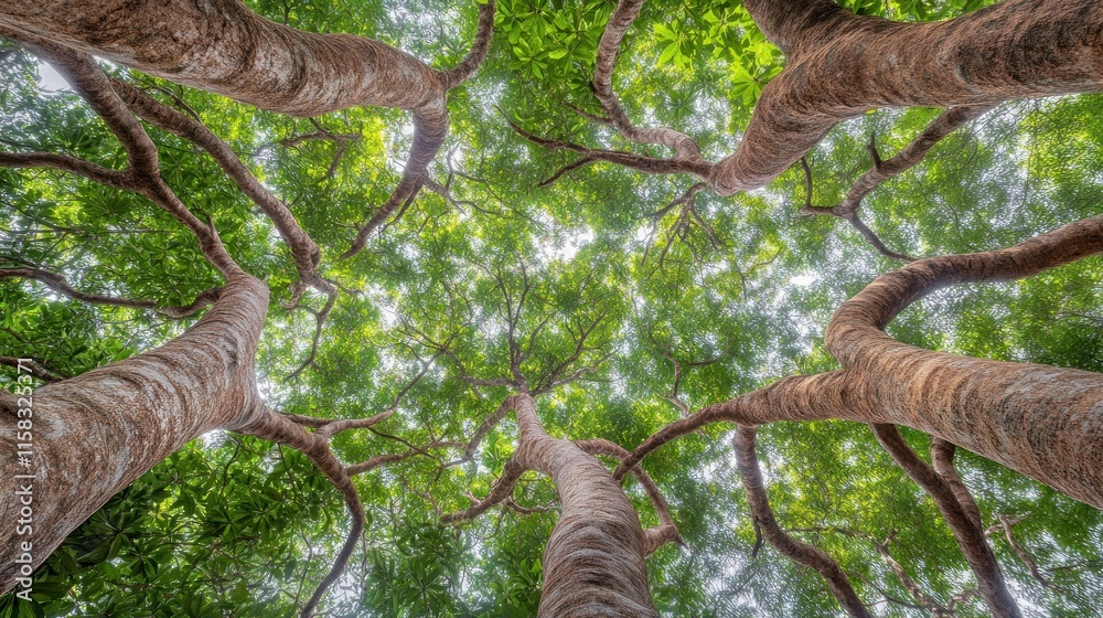 Fototapeta premium Low angle view of lush green canopy with large tree trunks.