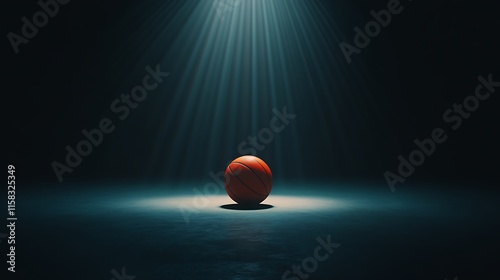 Basketball glowing brightly under an isolated spotlight with deep shadow surroundings
