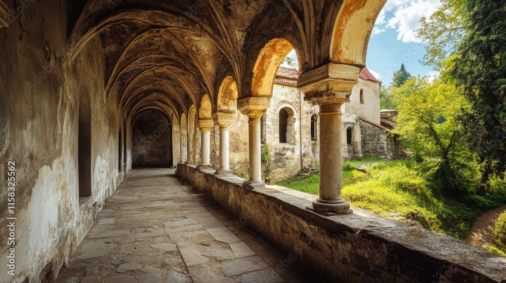 Ancient Monastery Ruins with Lush Garden View Ancient Monastery Ruins with Lush Garden View