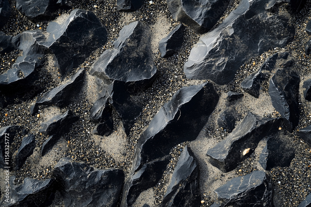 rocky surface with a lot of black and white rocks. The rocks are ...
