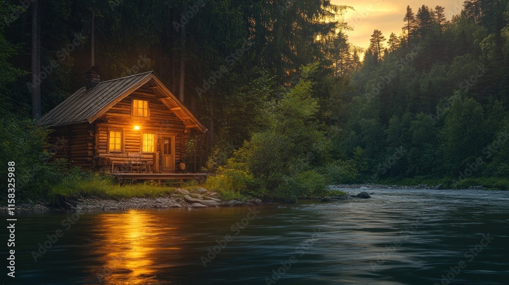 Obraz premium Illuminated log cabin on riverbank at sunset.