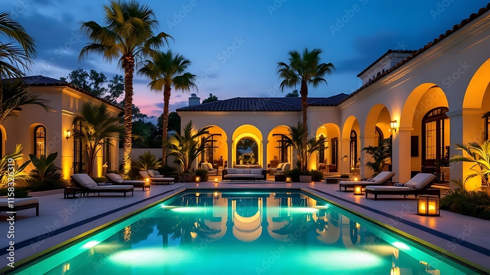Obraz premium Luxurious backyard with a sparkling pool and comfortable patio furniture