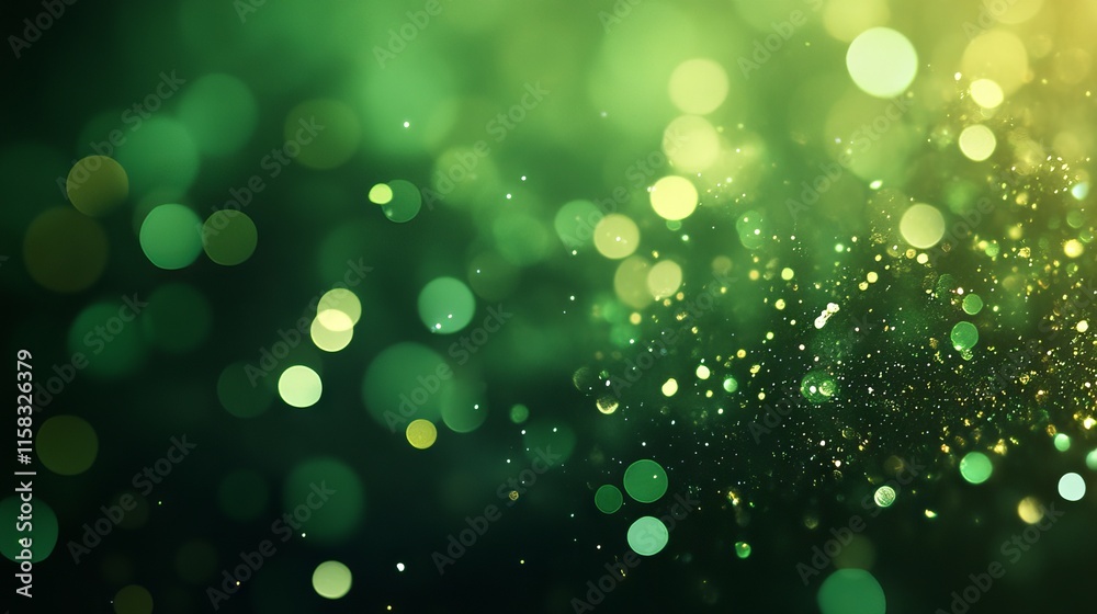 Abstract green glitter bokeh background with soft defocused light patterns for elegant and minimalistic design