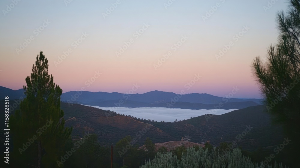 Obraz premium Serene sunrise over misty mountain valley.