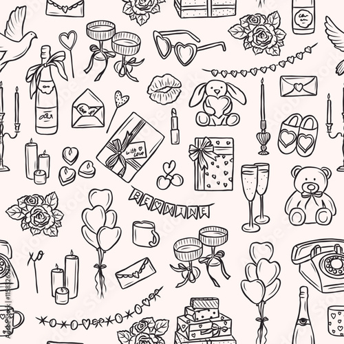 Hand drawn romantic elements background. Whimsical seamless pattern