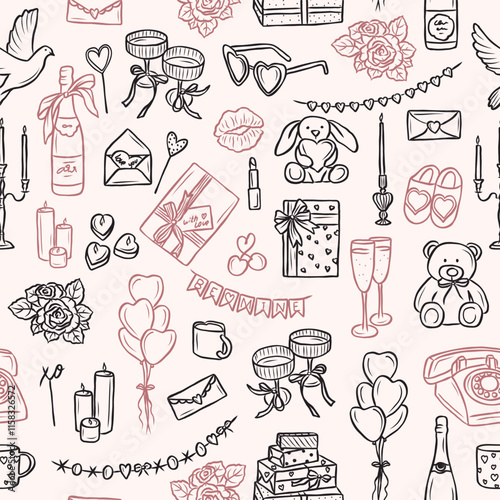 Hand drawn romantic elements background. Whimsical illustration