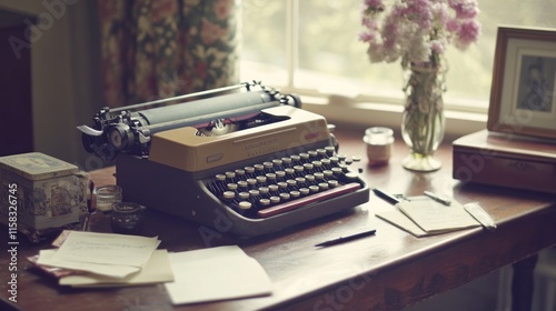 Vintage typewriter on wooden desk near window with flowers and papers.