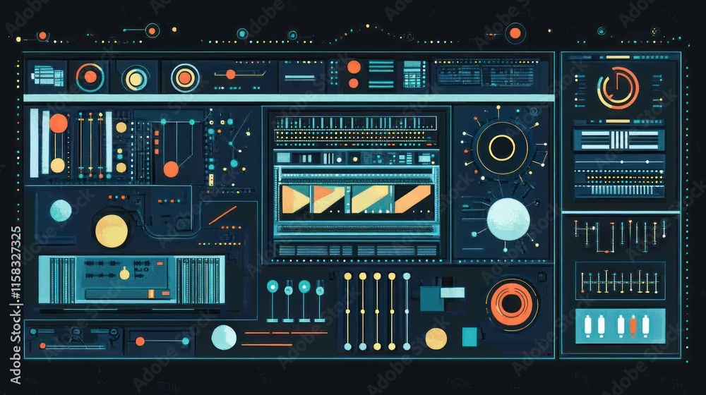 Futuristic digital interface with various controls and data displays. Futuristic digital interface with various controls and data displays.