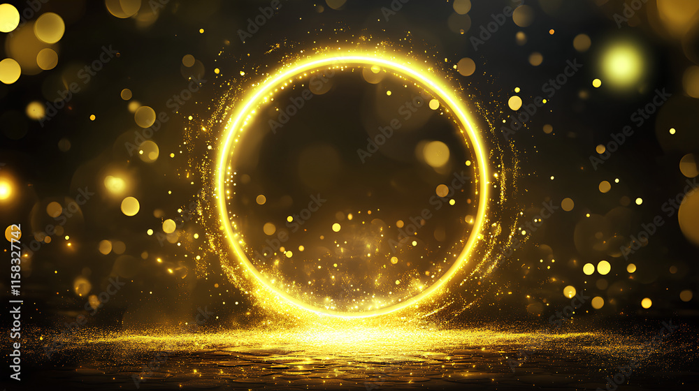 Golden or yellow magical fantasy portal. Round light frame, with fine dust particles, futuristic teleporter. Golden neon lights illuminate night scene with sparkles. Lighting effect Golden or yellow magical fantasy portal. Round light frame, with fine dust particles, futuristic teleporter. Golden neon lights illuminate night scene with sparkles. Lighting effect