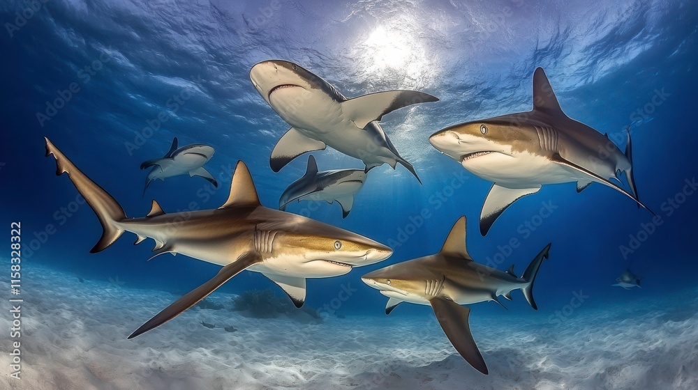 Fototapeta premium Dynamic Sharks in Open Ocean with Dramatic Lighting
