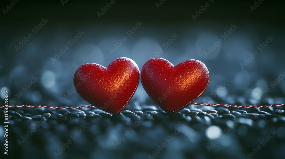 Fototapeta premium Two red hearts connected by a thin string, resting on dark pebbles. A romantic image.