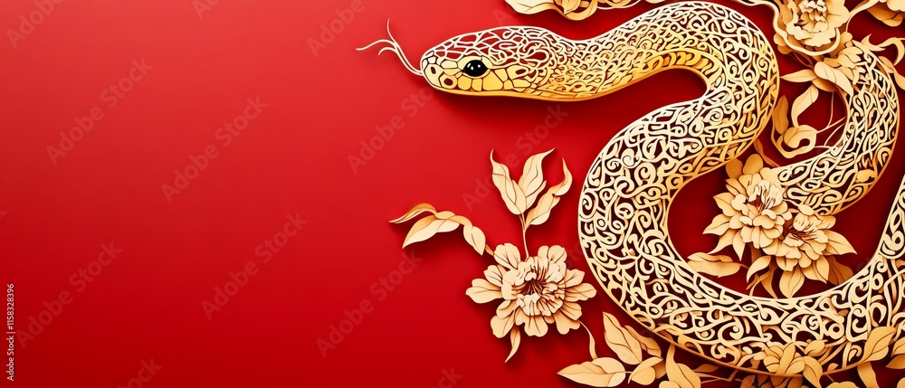 Obraz premium Chinese New Year Theme, A snake is on a red background with flowers