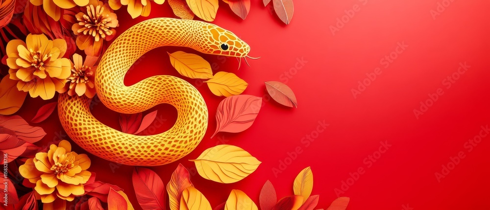 Fototapeta premium Chinese New Year Theme, A yellow snake is surrounded by orange leaves and flowers