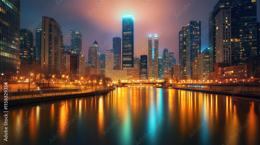 Fototapeta premium Night cityscape with river reflection, illuminated skyscrapers, urban skyline.