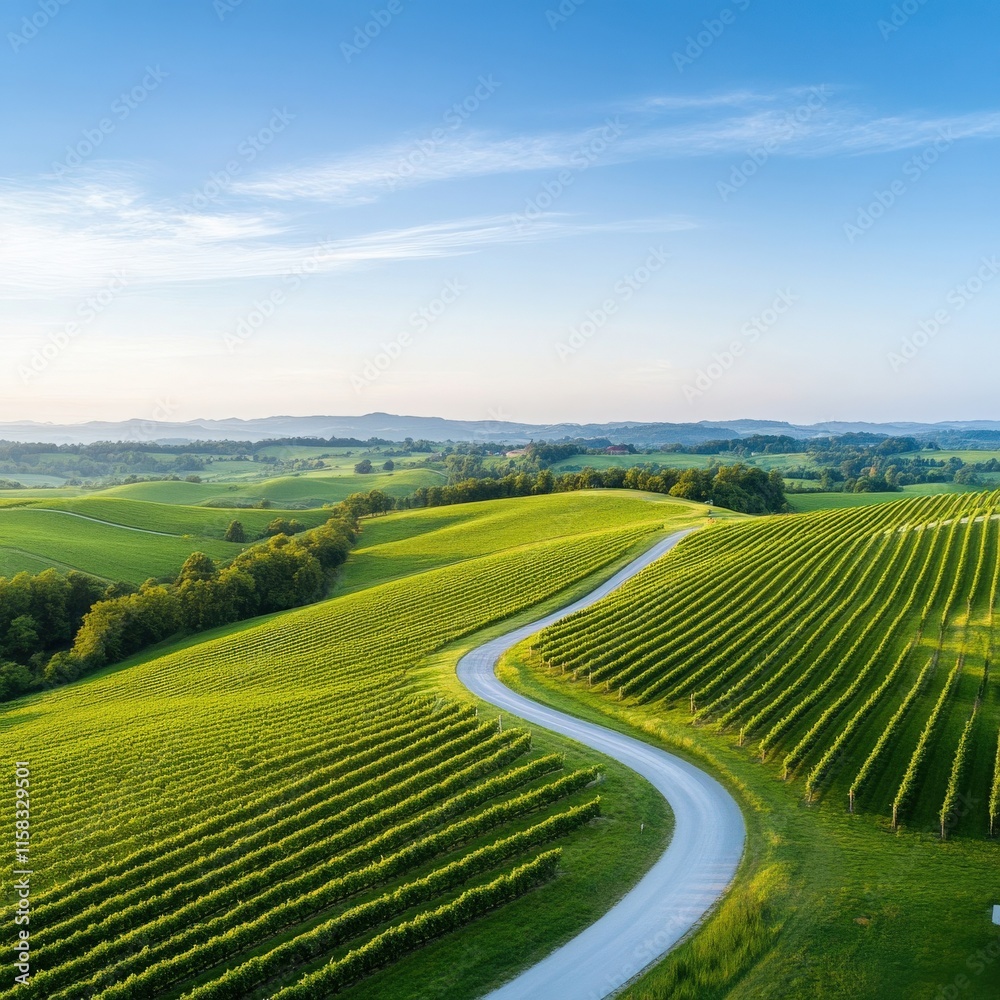 Fototapeta premium Scenic View of Lush Green Hills and Curving Road in a Serene Landscape with Vineyards and Rolling Fields Under a Bright Blue Sky