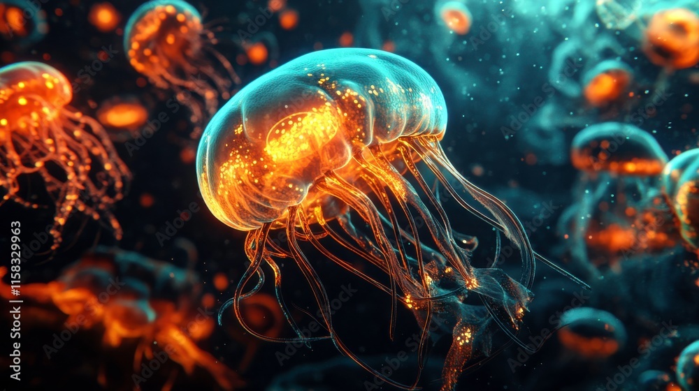 Glowing Creatures in Dark Ocean with Vibrant Colors Glowing Creatures in Dark Ocean with Vibrant Colors