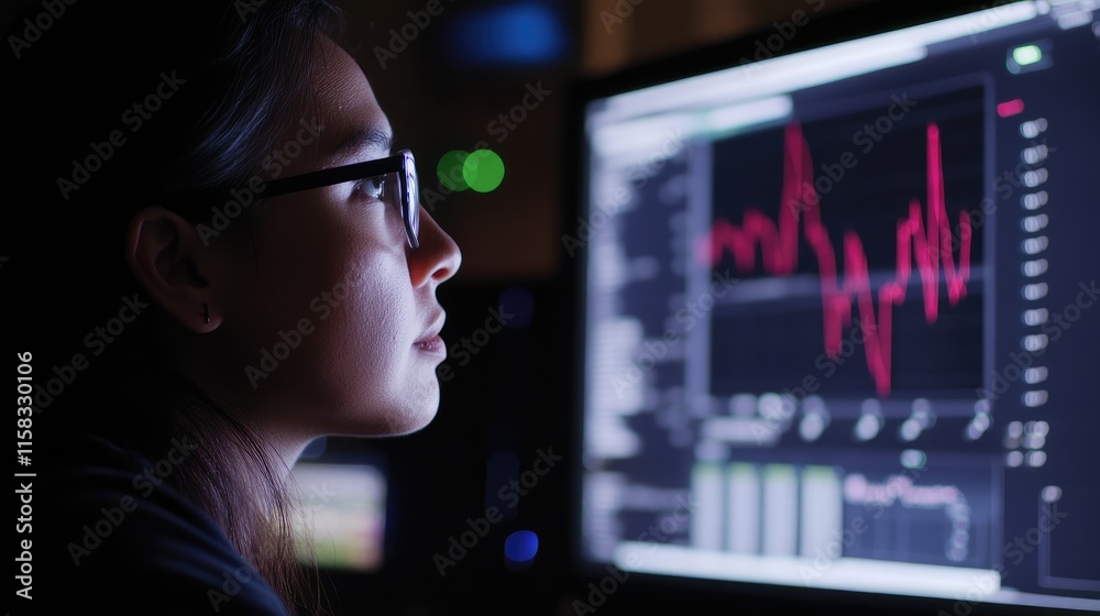 Focused individual analyzing data trends on a computer screen in a dark environment, emphasizing concentration and technology use Focused individual analyzing data trends on a computer screen in a dark environment, emphasizing concentration and technology use