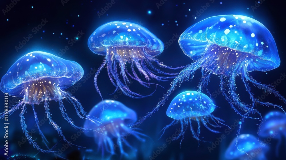 Naklejka premium Glowing Jellyfish in Dark Ocean Water