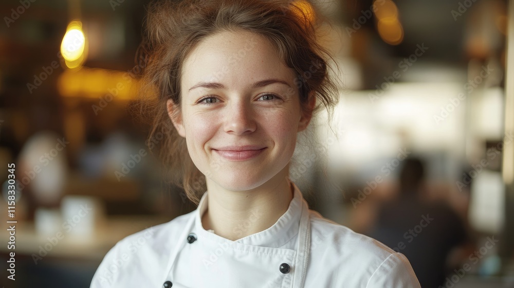 Smiling female chef in a restaurant showcasing warmth and passion for culinary arts in a vibrant dining atmosphere Smiling female chef in a restaurant showcasing warmth and passion for culinary arts in a vibrant dining atmosphere
