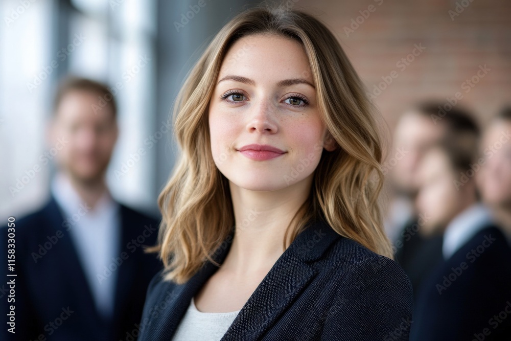 Confident Businesswoman in Professional Setting with Team in Background, Showcasing Leadership and Team Collaboration in Modern Workspace