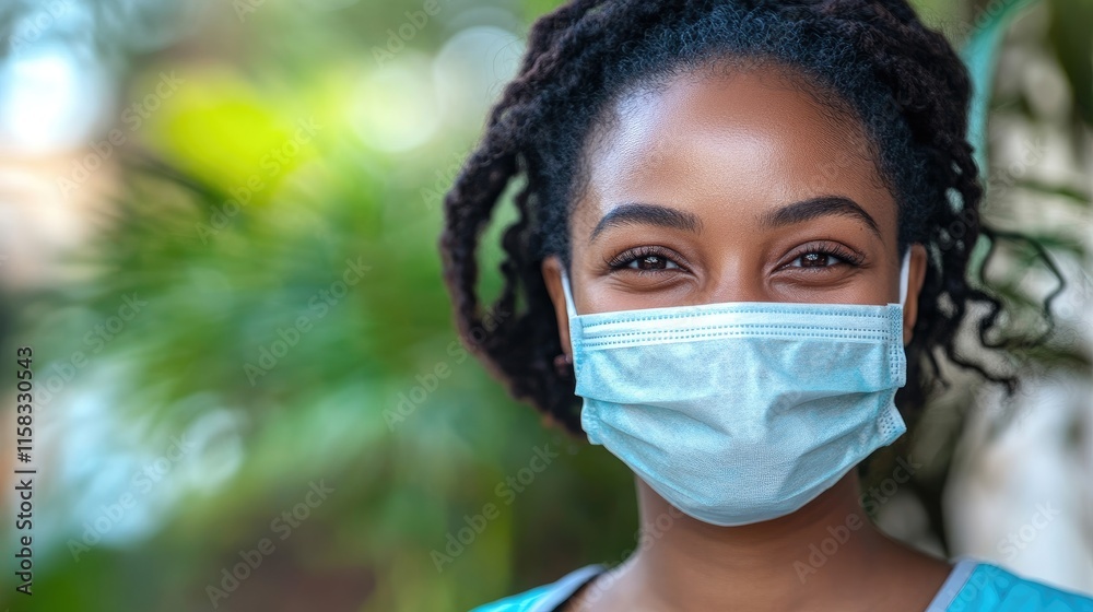 Smiling nurse wearing a medical mask and scrubs with a blurred background of greenery showcasing a caring healthcare professional Smiling nurse wearing a medical mask and scrubs with a blurred background of greenery showcasing a caring healthcare professional
