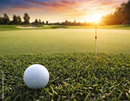 Golf Ball on Green at Sunset Near Flag photo