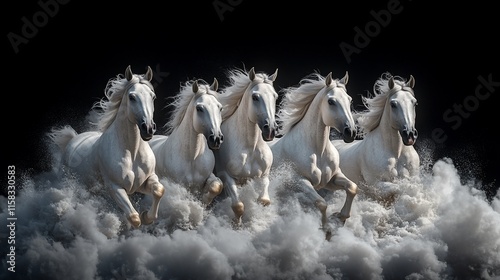 Five majestic white horses run through a foamy sea, against a black background.