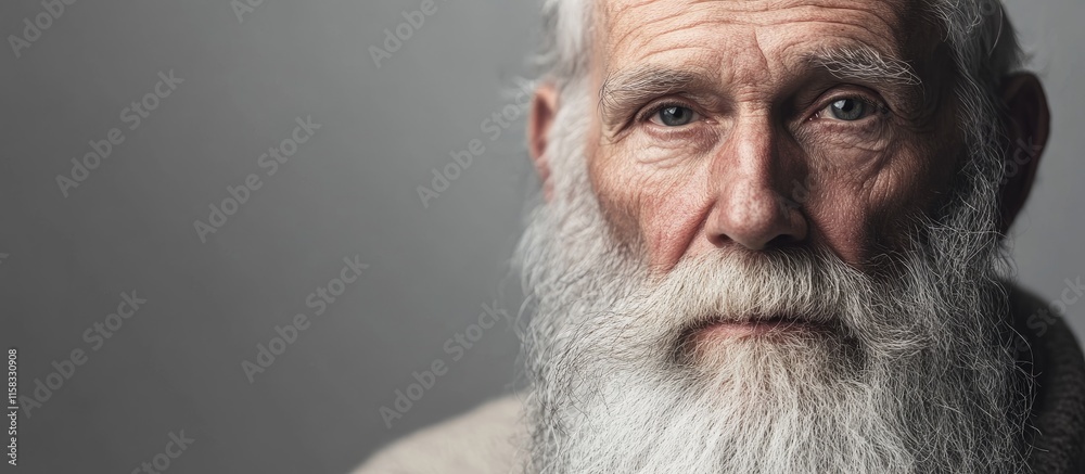 Elderly man with a long gray beard staring thoughtfully against a neutral background with blank space for text or messaging Elderly man with a long gray beard staring thoughtfully against a neutral background with blank space for text or messaging