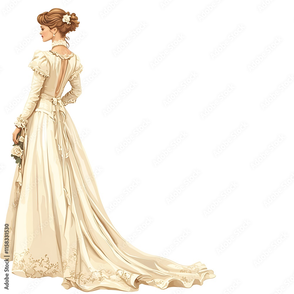 Fototapeta premium Elegant Woman in Vintage Wedding Gown from Behind, White Background.