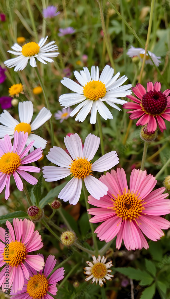 Fototapeta premium Different wild beautiful flowers, close-up, with white tones