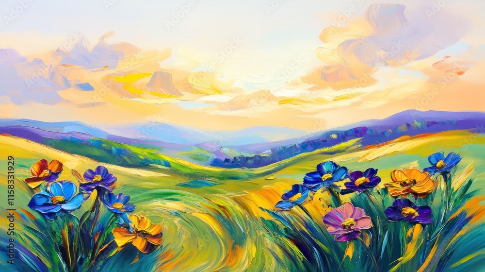 Fototapeta premium Vibrant floral landscape painting with rolling hills and sunset sky.