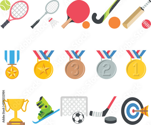 A collection of sports equipment and medals. The medals are numbered 1 through 5. The sports equipment includes a tennis racket, a hockey stick, a soccer ball, a hockey puck, a baseball bat