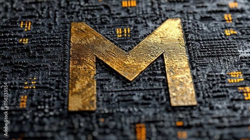 Golden metallic letter M on dark textured background. photo