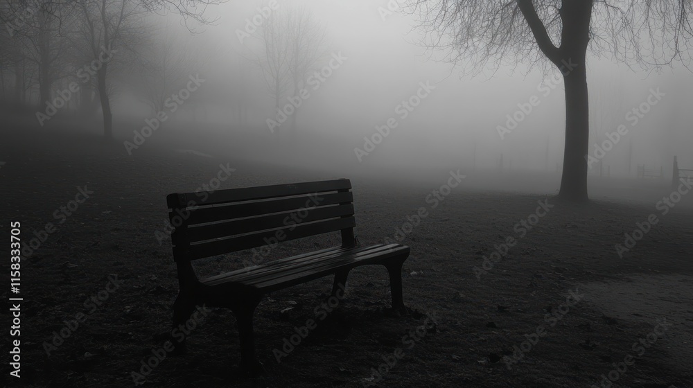 Lonely bench in foggy park, monochrome. Lonely bench in foggy park, monochrome.