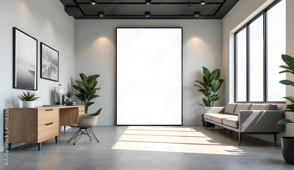 Modern office interior with empty vertical poster Modern office interior with empty vertical poster