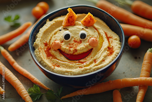 A bowl of hummus with a happy face, surrounded by dancing carrot sticks photo