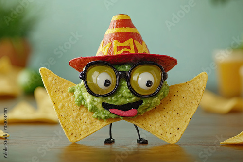 A nacho chip with guacamole glasses and a salsa hat, striking a confident pose photo