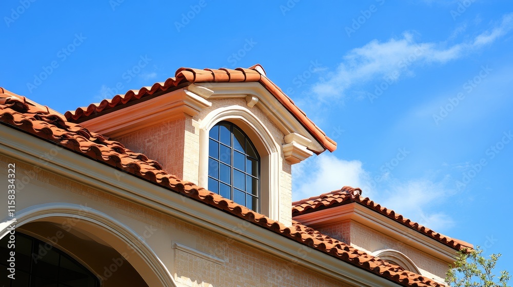 Elegant luxury home featuring tan brick exterior, terracotta roof, and vibrant blue sky illuminating its architectural details.