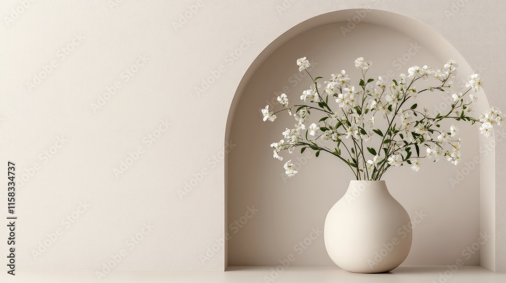 Minimalist decor with white flowers in curved vase against neutral backdrop showcasing elegance and simplicity in interior design Minimalist decor with white flowers in curved vase against neutral backdrop showcasing elegance and simplicity in interior design