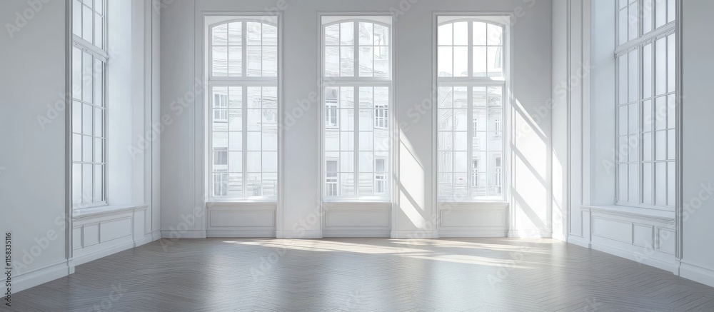 Fototapeta premium Bright minimalist interior with large windows and hardwood floors showcasing art deco style and ample empty space for text or design elements